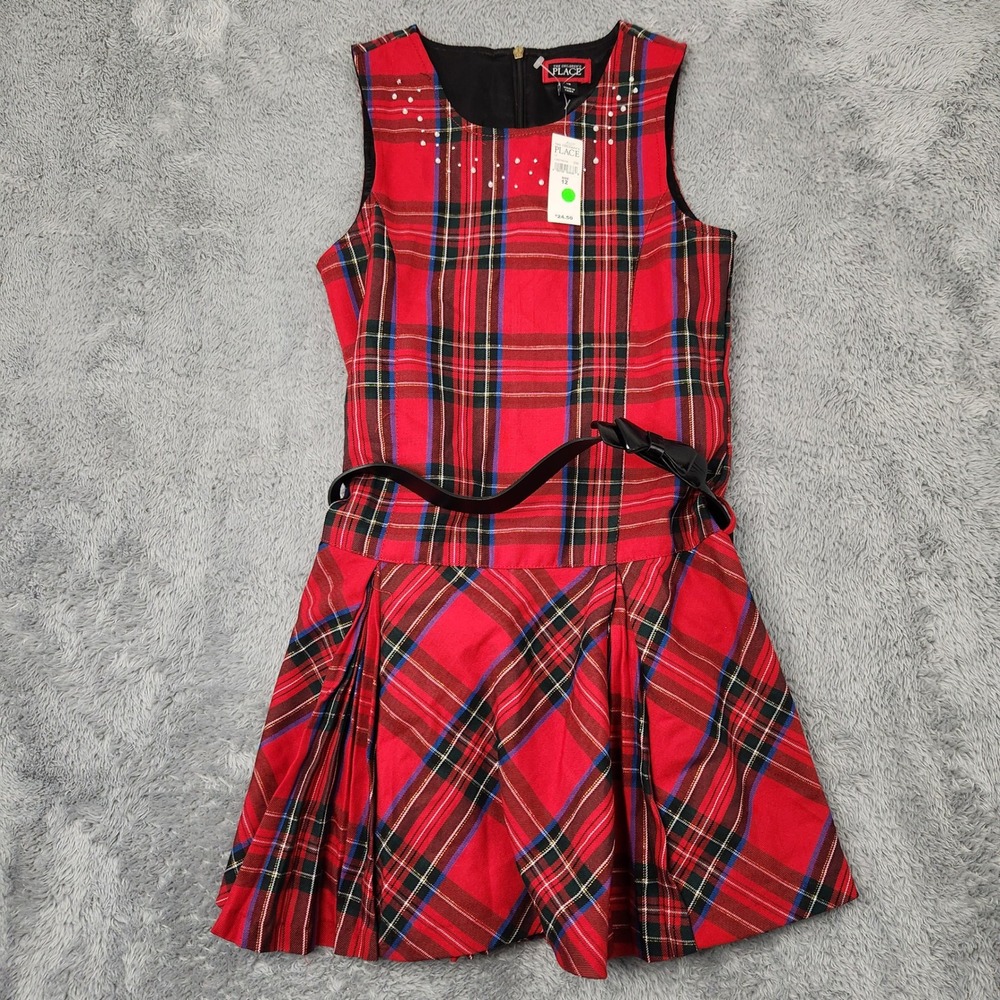The Childrens Place Dress Girls 12 Red Plaid Tartan Pleated Pearl Belted‎ Casual
